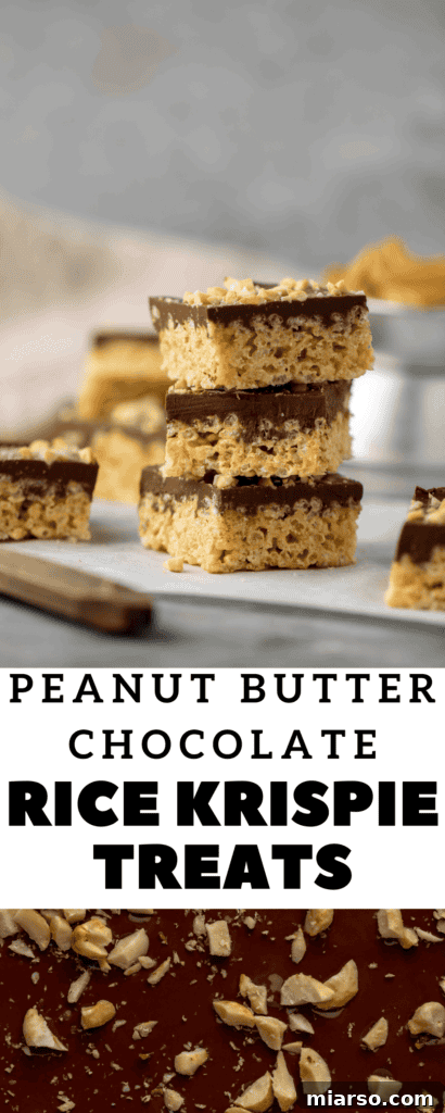 No-Bake Chocolate Peanut Butter Crispy Bars 19 Two chocolate peanut butter rice krispie treats stacked