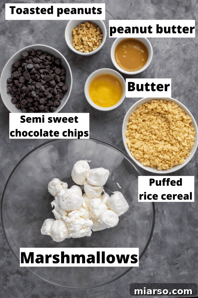 No-Bake Chocolate Peanut Butter Crispy Bars 4 Ingredients for chocolate peanut butter rice krispie treats laid out on a table