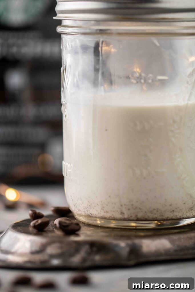 Starbucks Velvety Vanilla Cold Brew 4 Sweet cream stored in a glass jar in the refrigerator, ready for use.