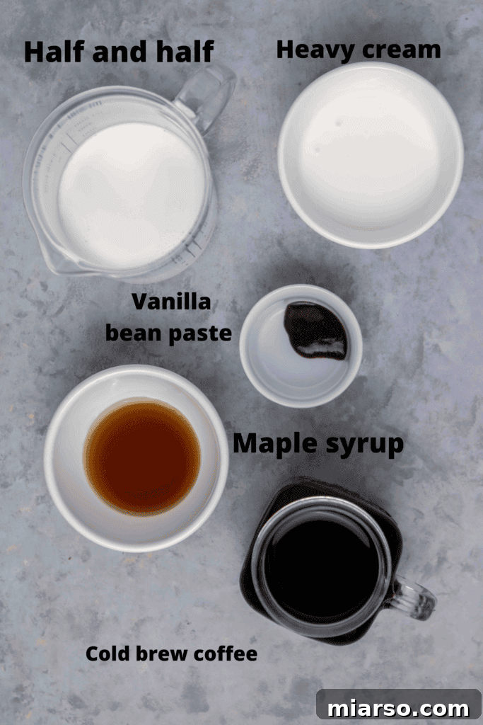 Starbucks Velvety Vanilla Cold Brew 5 Ingredients for homemade vanilla sweet cream: heavy cream, half and half, vanilla syrup, and vanilla bean paste.