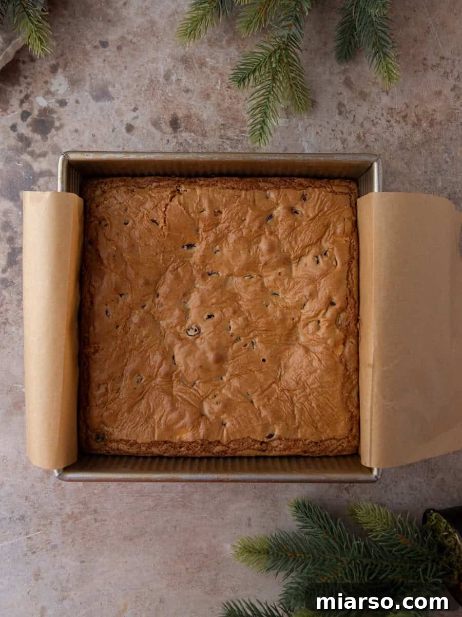 Freshly baked cranberry blondie slab cooling in a square parchment-lined pan.
