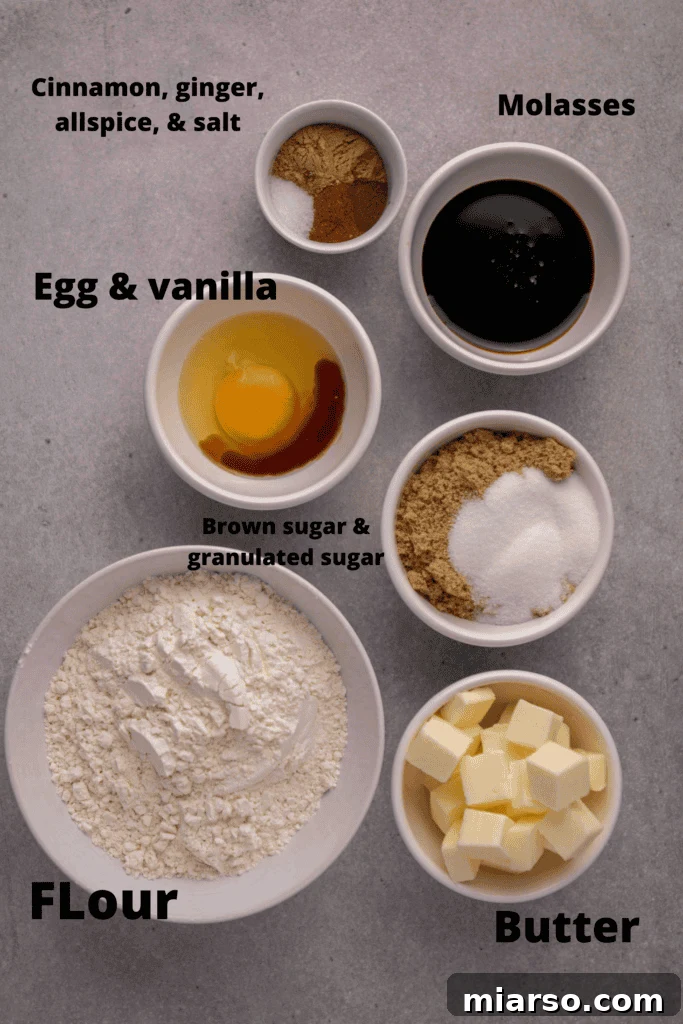 Ingredients for homemade gingerbread cookies laid out