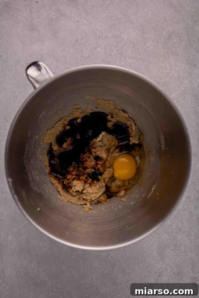 Adding egg, vanilla, and molasses to the butter mixture