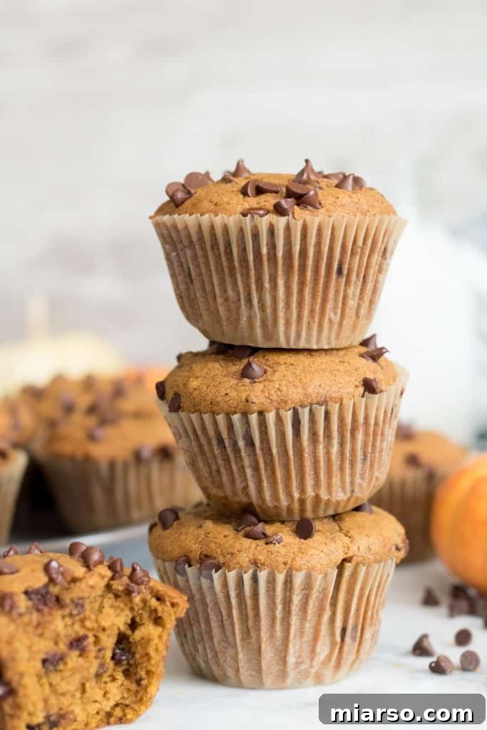 A tall, inviting stack of perfectly baked pumpkin chocolate chip muffins, showcasing their golden tops and visible chocolate chips, ready to be enjoyed.