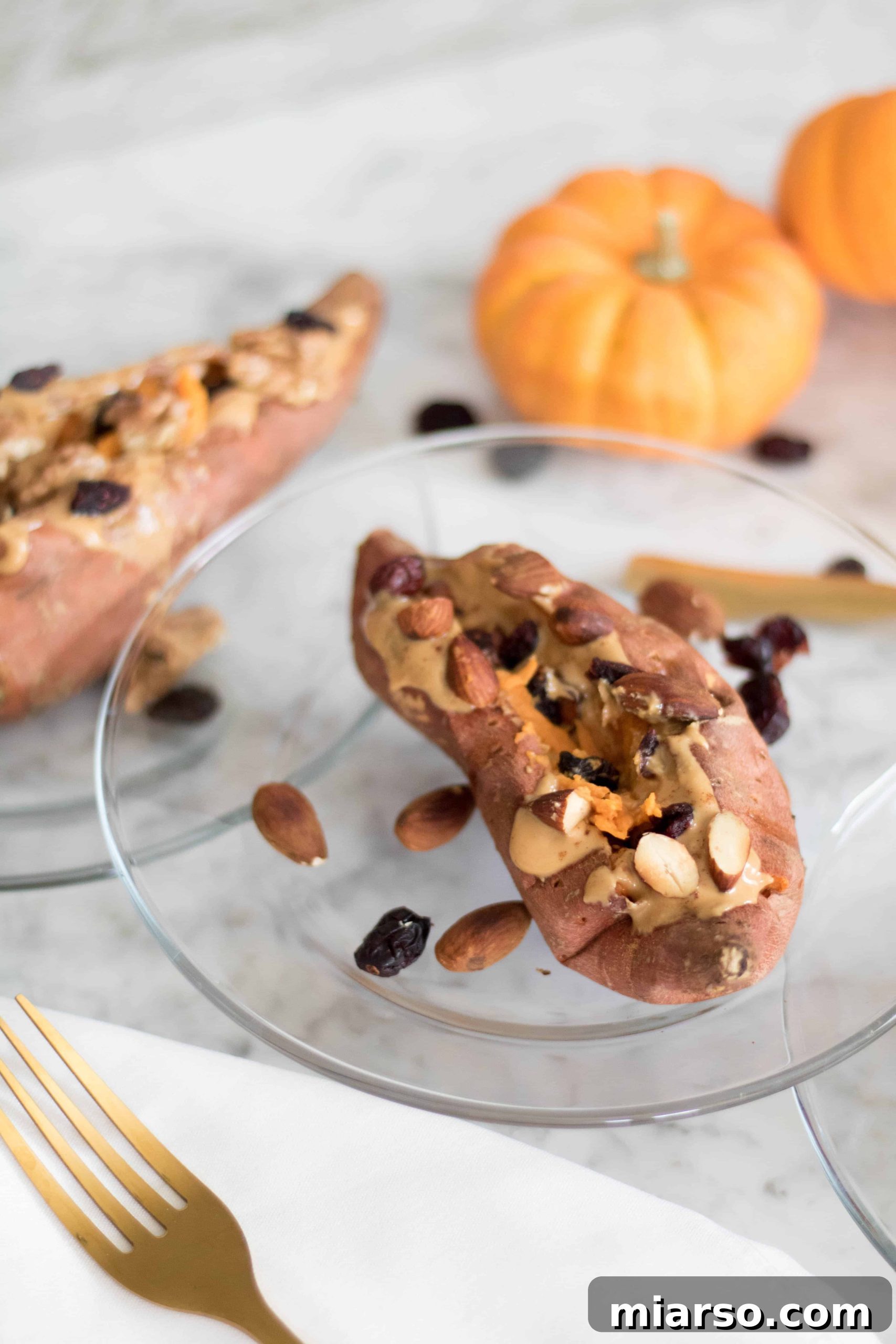 A 45-degree angle view of a healthy breakfast featuring a stuffed sweet potato with various toppings, presented on a dark background.
