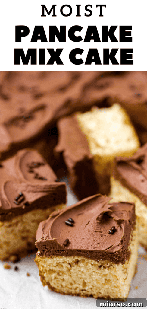 A slice of cake made easily with boxed pancake mix.