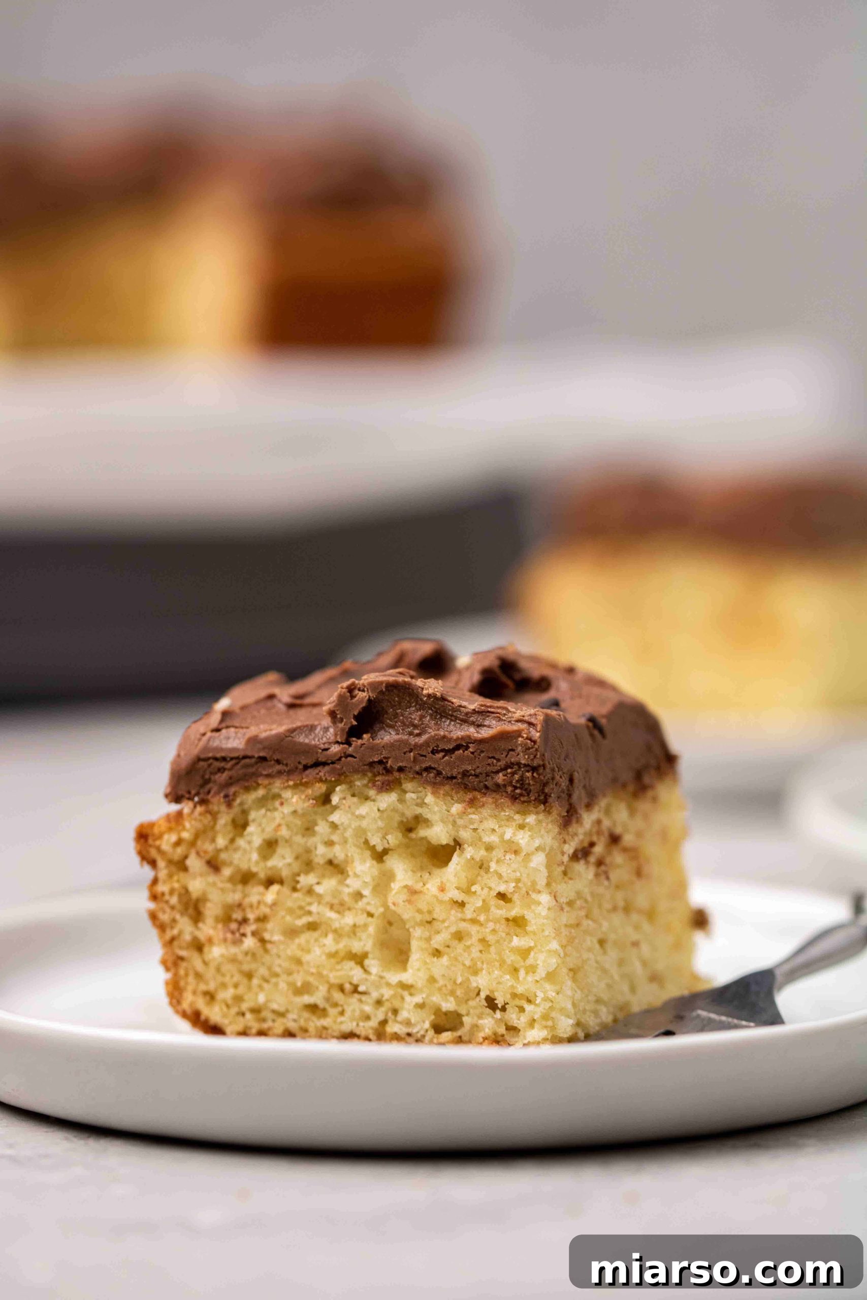 A delectable slice of vanilla pancake mix cake adorned with rich, thick frosting.