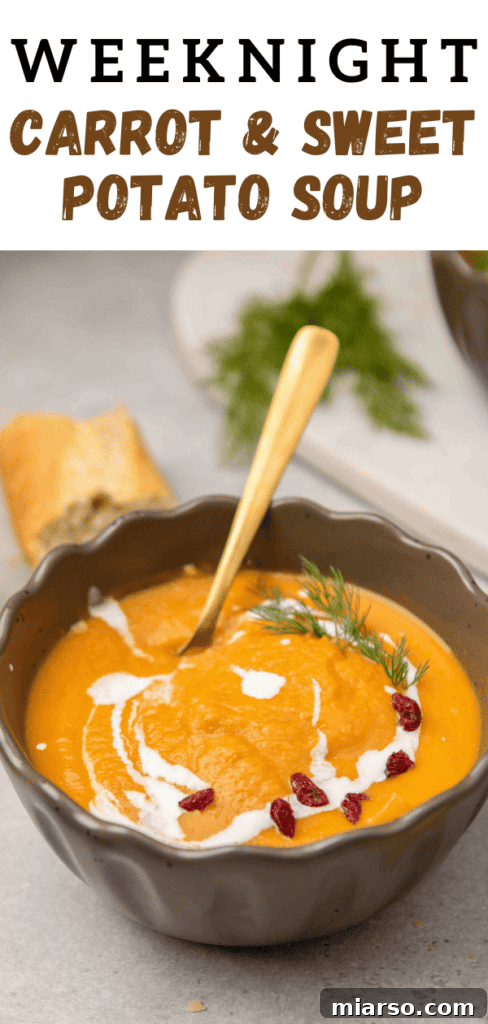 Creamy carrot and sweet potato soup recipe pin