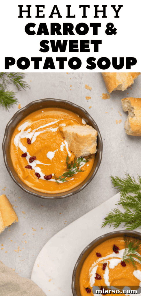 Pinterest graphic for creamy carrot sweet potato soup