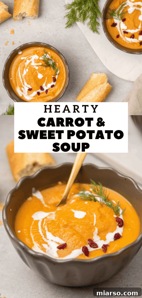 Creamy carrot and sweet potato soup recipe for Pinterest