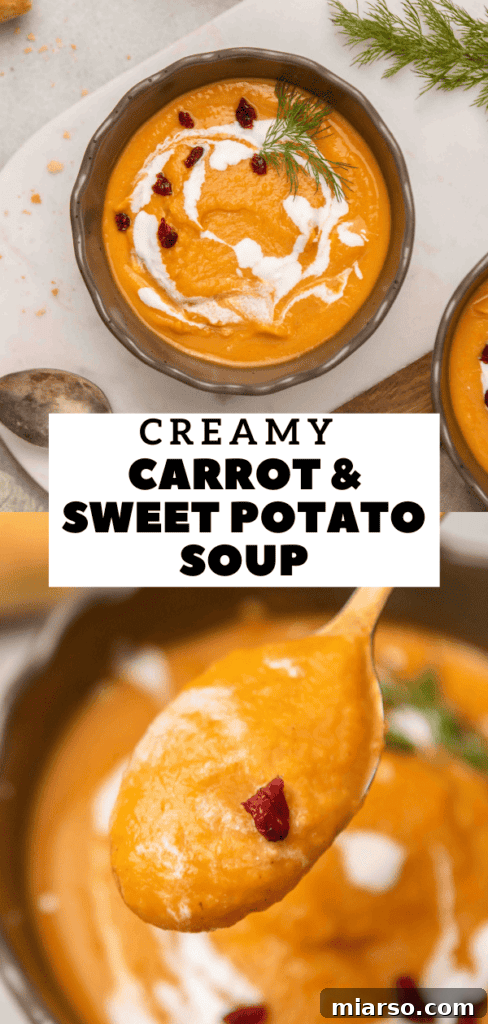 Pin-worthy image of creamy carrot and sweet potato soup
