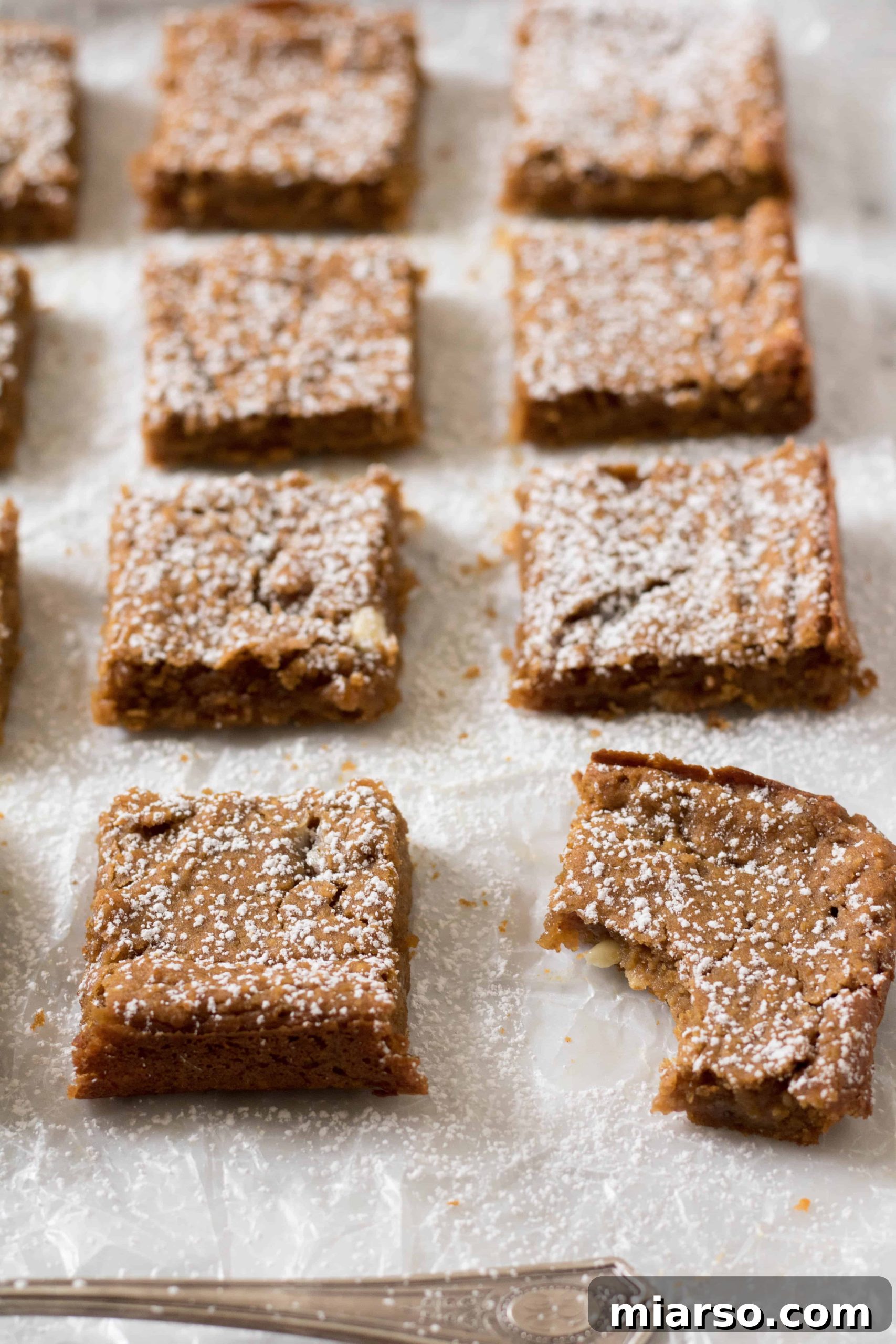 Chickpea pumpkin blondies squares with powdered sugar
