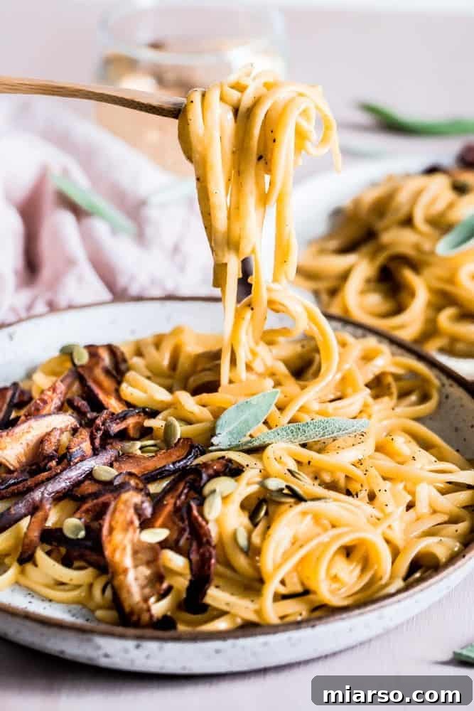 Pumpkin vegan pasta with shiitake mushrooms