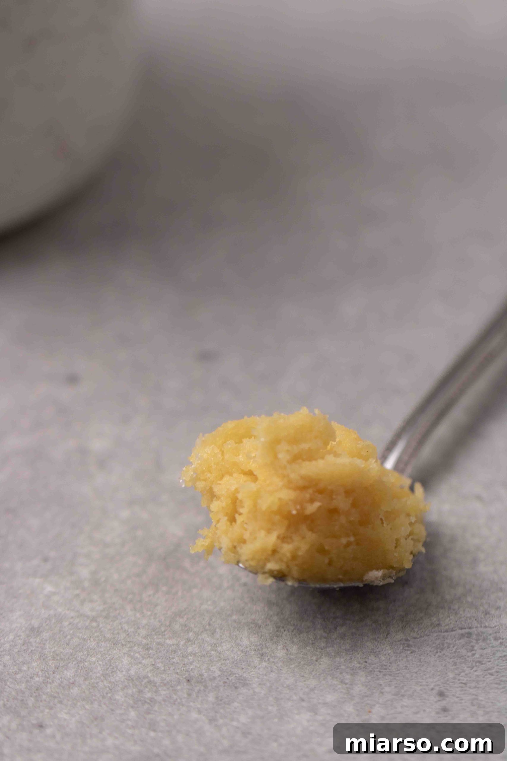 Pillowy Soft Mug Sugar Cookie Perfection 2 Close up of a delightful microwave sugar cookie served in a spoon, showcasing its soft and chewy texture.