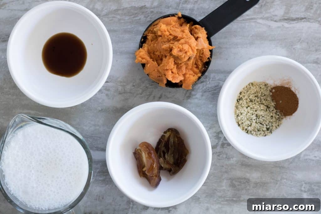Close-up of sweet potato smoothie ingredients on a cutting board