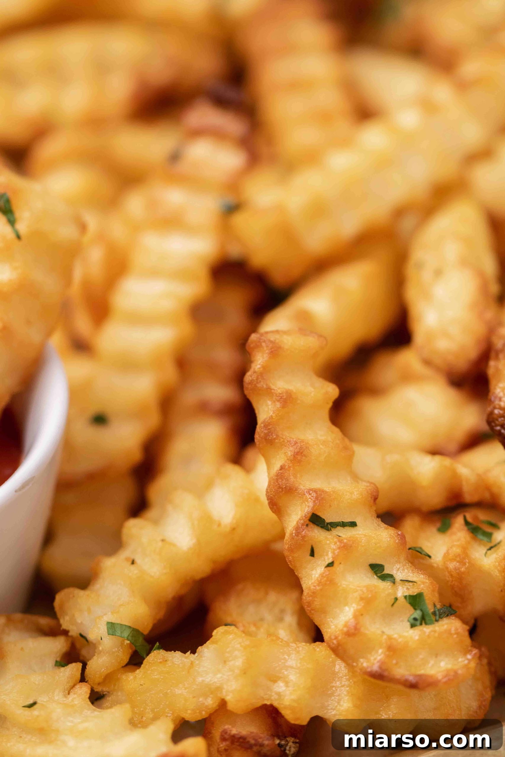 Close up of crunchy air fryer frozen crinkle fries