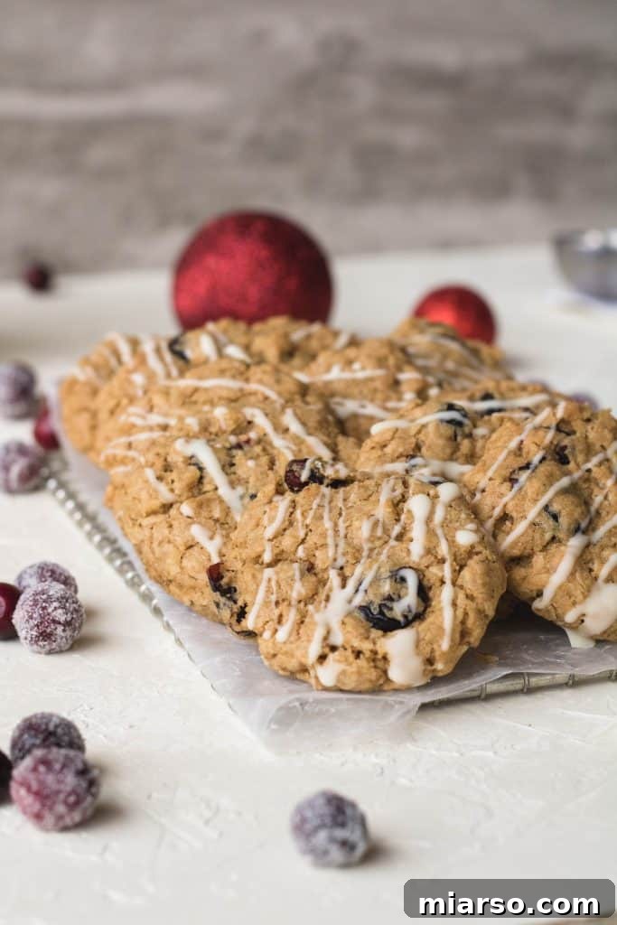 Freshly baked cranberry oatmeal cookies with elegant white chocolate drizzle