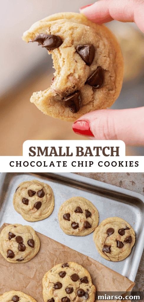Pinterest collage featuring images of soft and chewy small batch chocolate chip cookies.