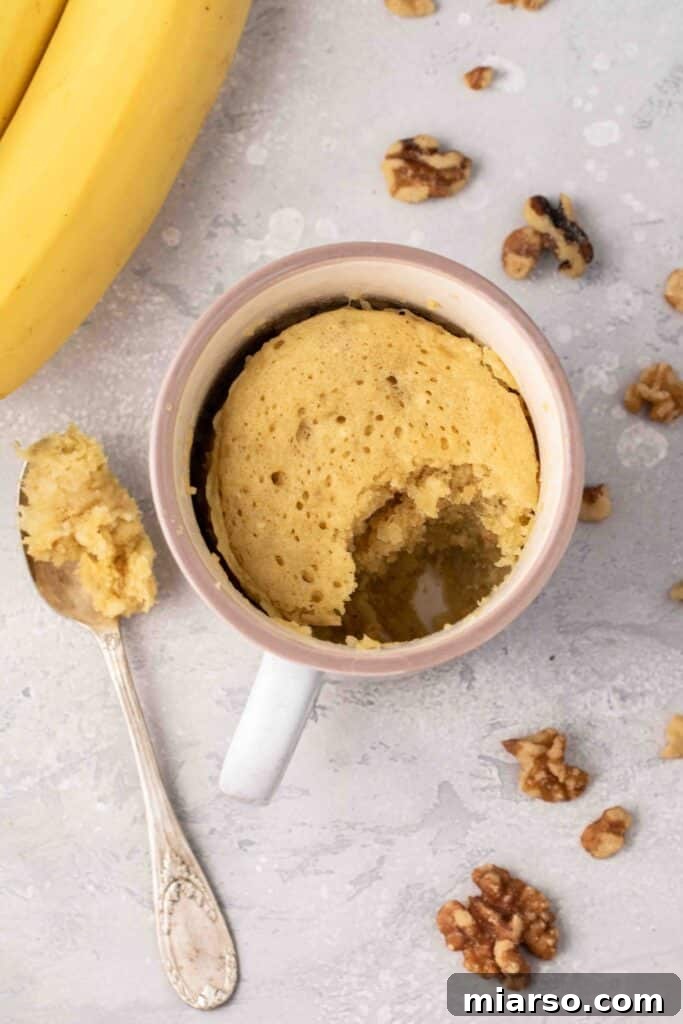 Ultimate Banana Bread Mug Cake Ready in Minutes 13 overhead shot of banana mug cake