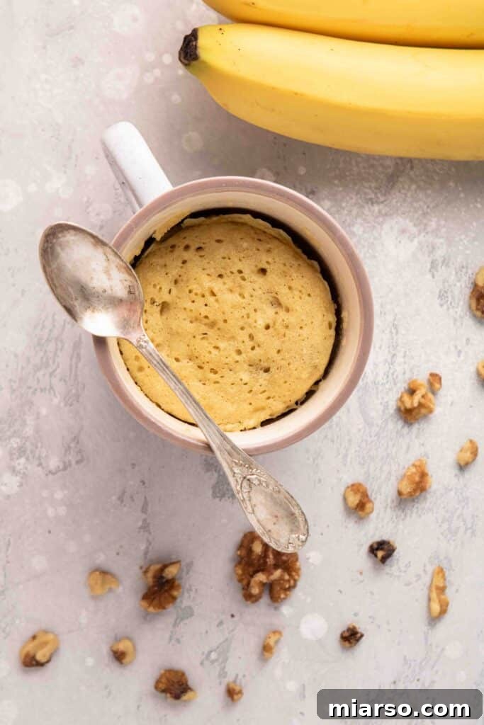 Ultimate Banana Bread Mug Cake Ready in Minutes 5 Overhead shot of microwave banana cake