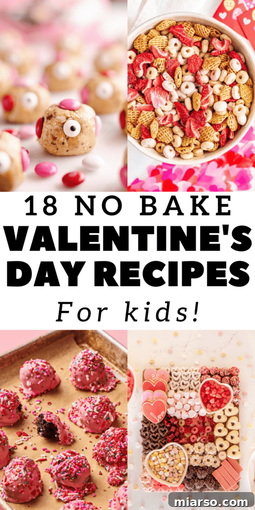 18 Heartfelt No-Bake Valentine Treats Kids Will Adore 2 A vibrant collage showcasing 18 different no-bake Valentine's Day recipes for kids, including cookies, truffles, and snack mixes.