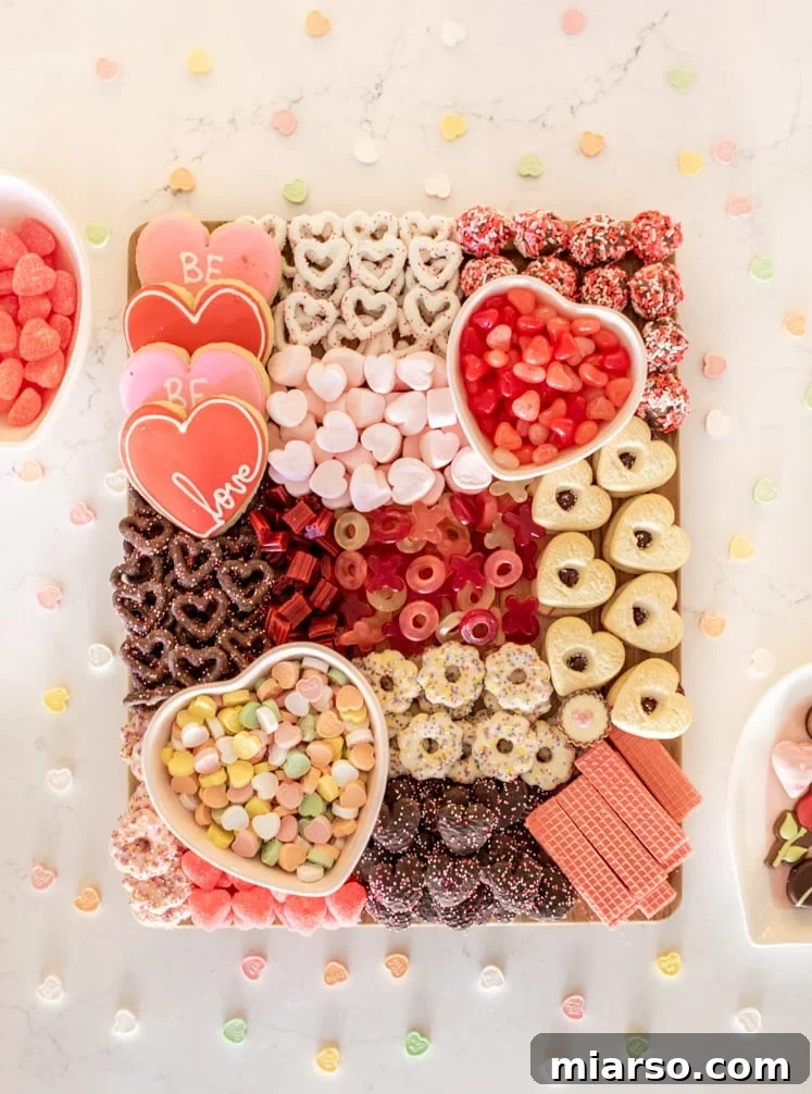 18 Heartfelt No-Bake Valentine Treats Kids Will Adore 6 An elaborate Valentine's Day charcuterie board featuring a variety of heart-shaped treats, fruits, and candies.