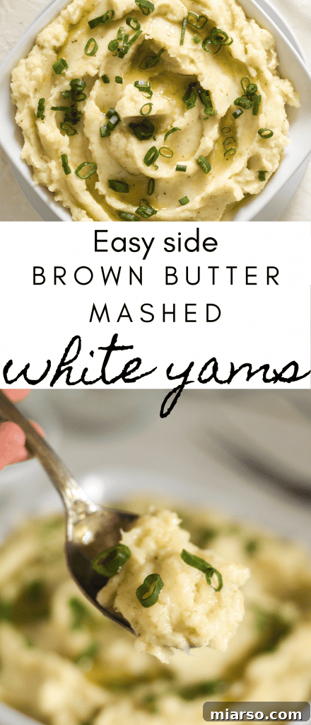 Pinterest graphic for easy side recipe brown butter mashed white yams.