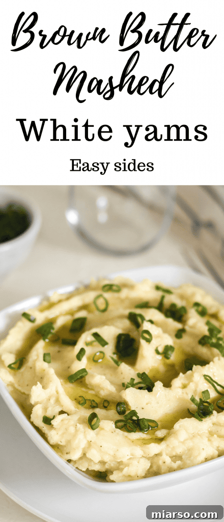 Pinterest graphic for Brown Butter Mashed Sweet Potatoes, featuring a delicious serving.