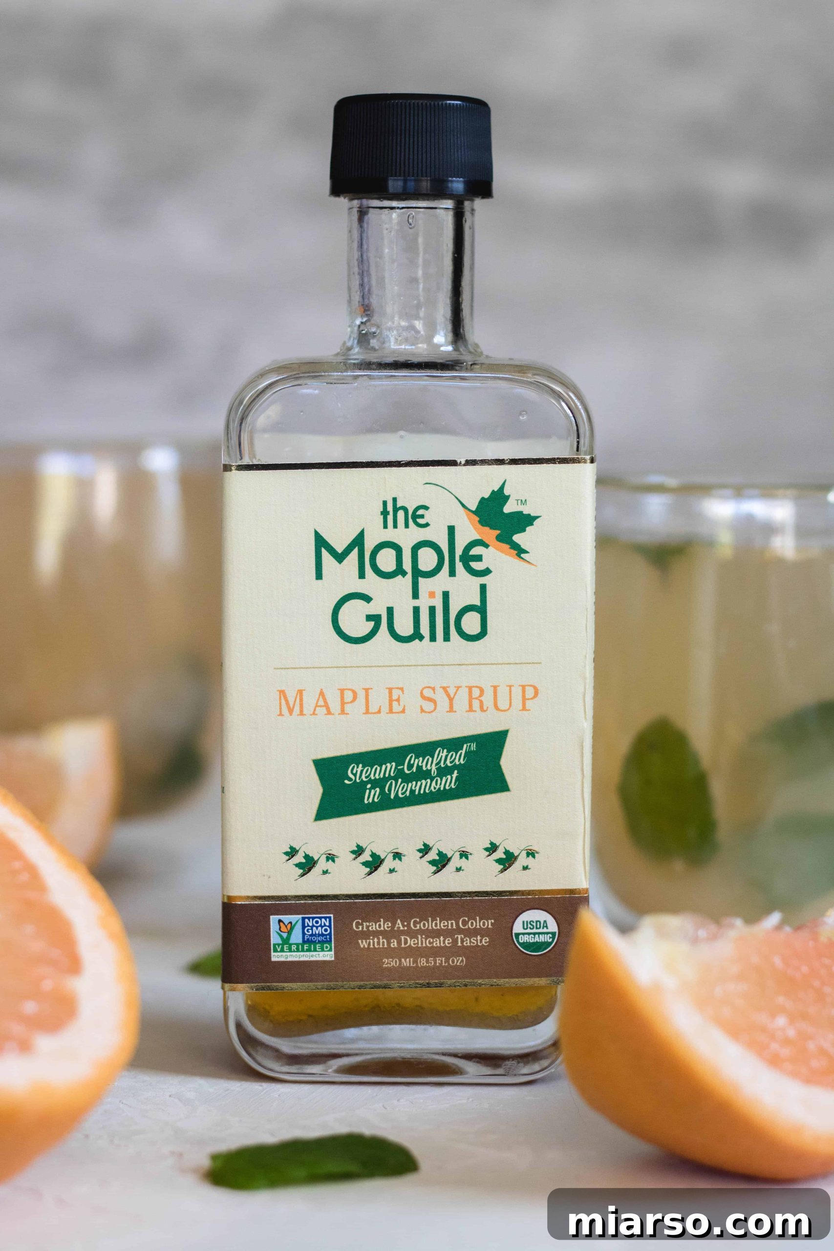 Bottle of The Maple Guild maple syrup, a natural sweetener