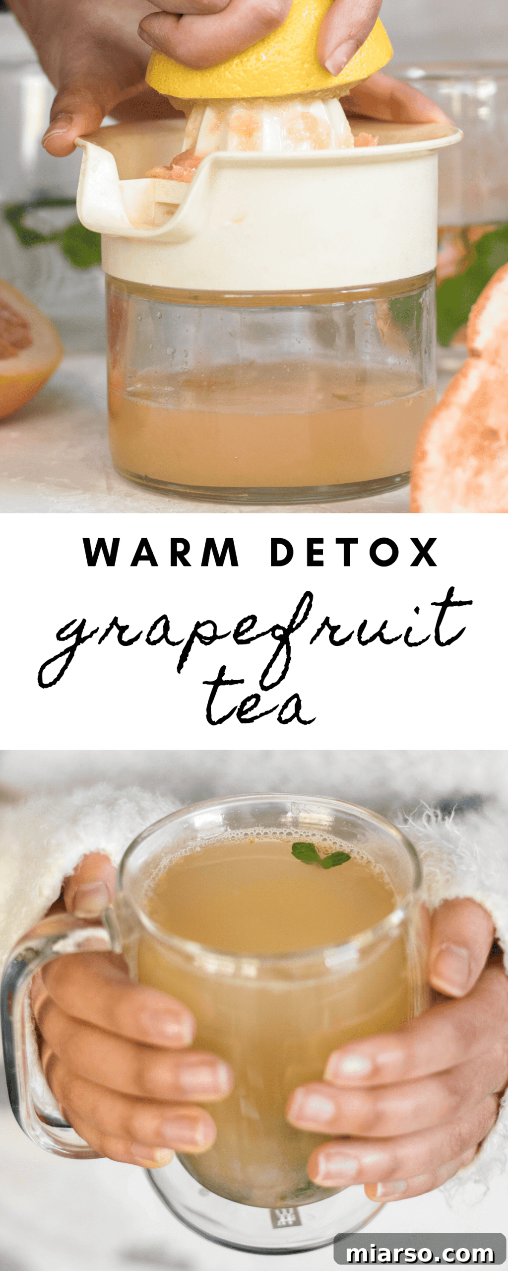 A second Pinterest graphic promoting the detox grapefruit tea, emphasizing 'feel amazing'