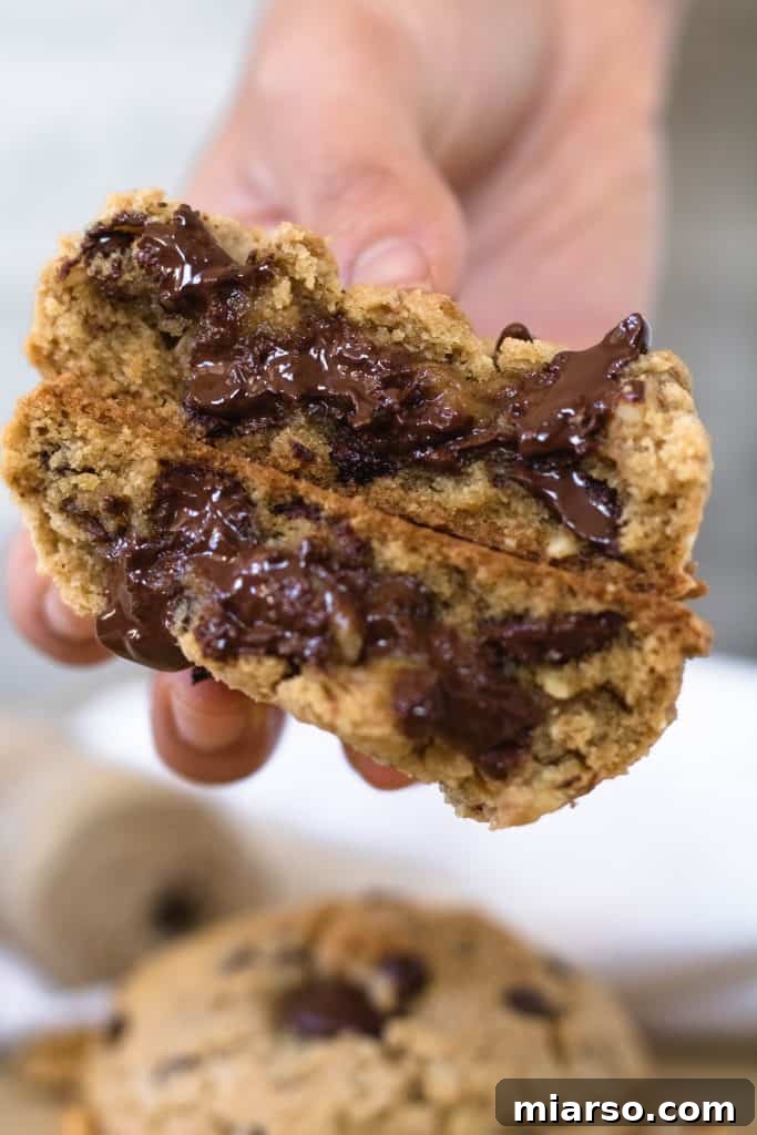 Close-up of a delicious walnut chocolate chip cookie, rich and chewy