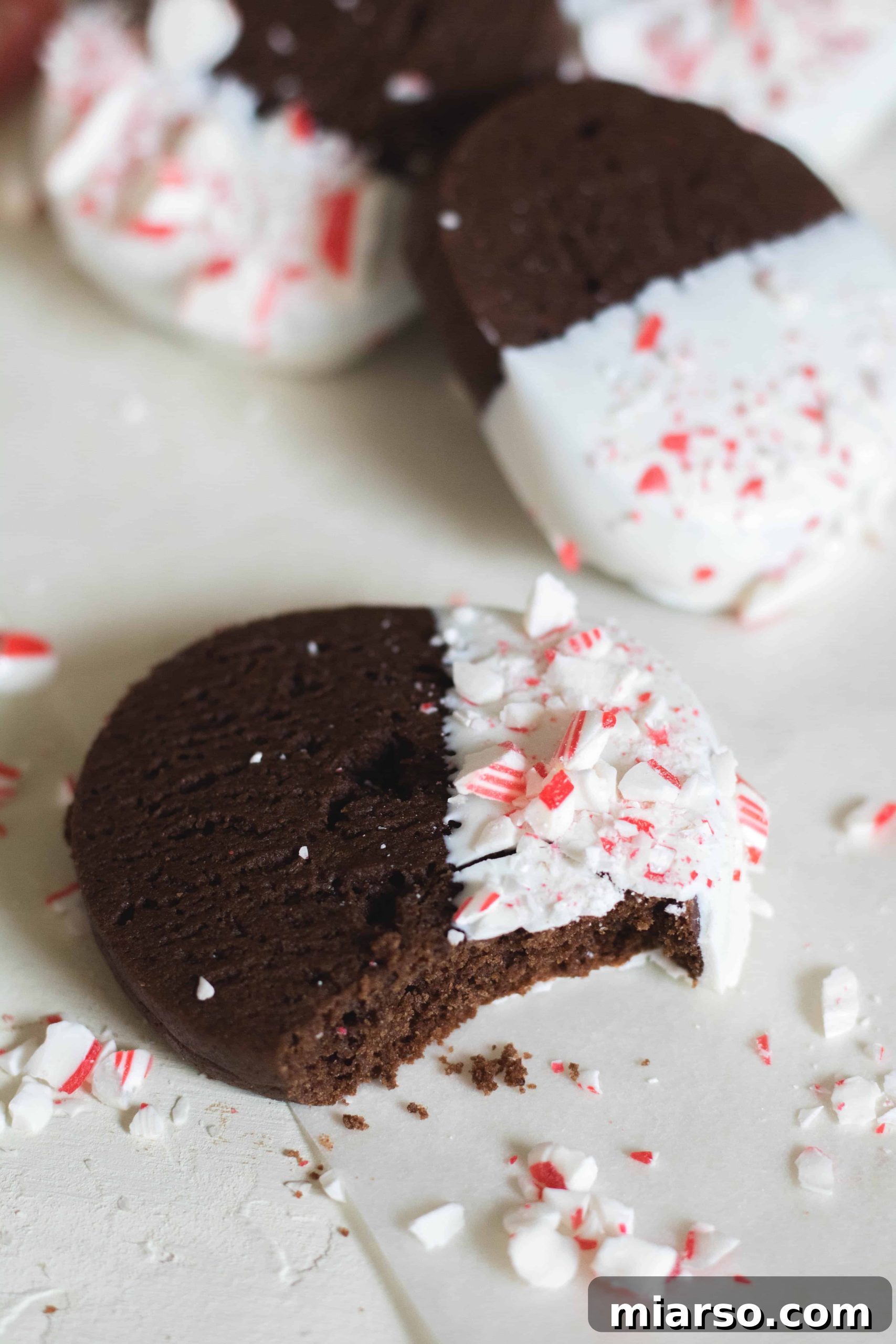 Gourmet Chocolate Peppermint Crunch Logs 14 Close-up of baked chocolate peppermint crunch slice and bake cookies with vibrant red and white candy cane bits