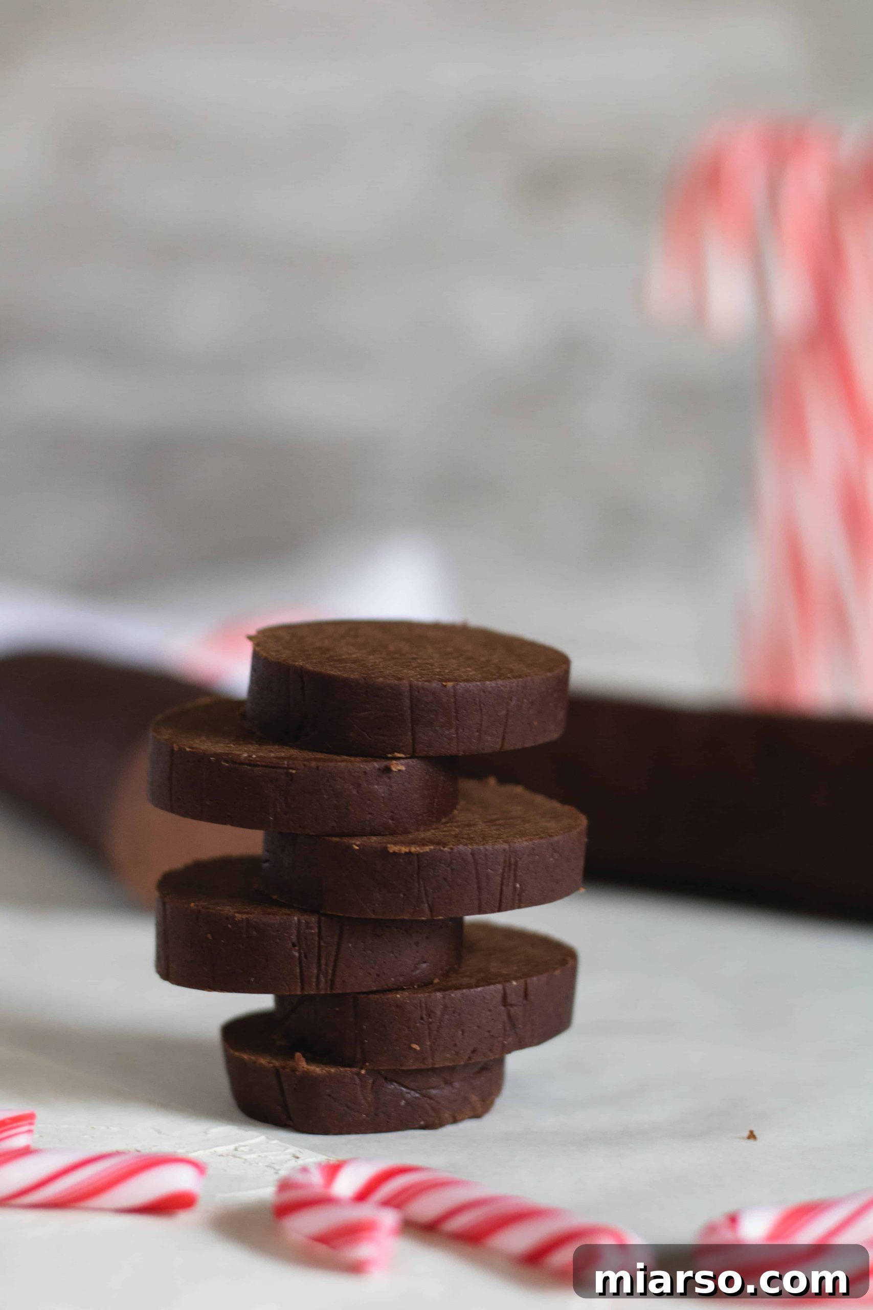 Gourmet Chocolate Peppermint Crunch Logs 3 Raw chocolate peppermint crunch cookie dough logs, ready for slicing