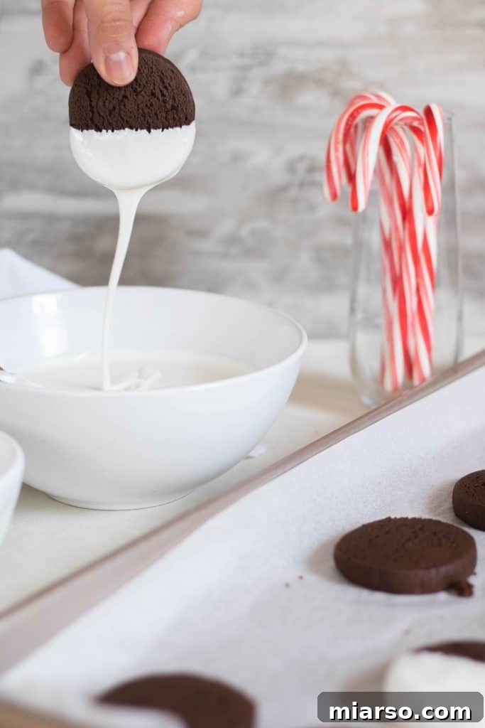 Gourmet Chocolate Peppermint Crunch Logs 4 Chewy double chocolate peppermint cookies, half-dipped in white chocolate and sprinkled with candy cane pieces