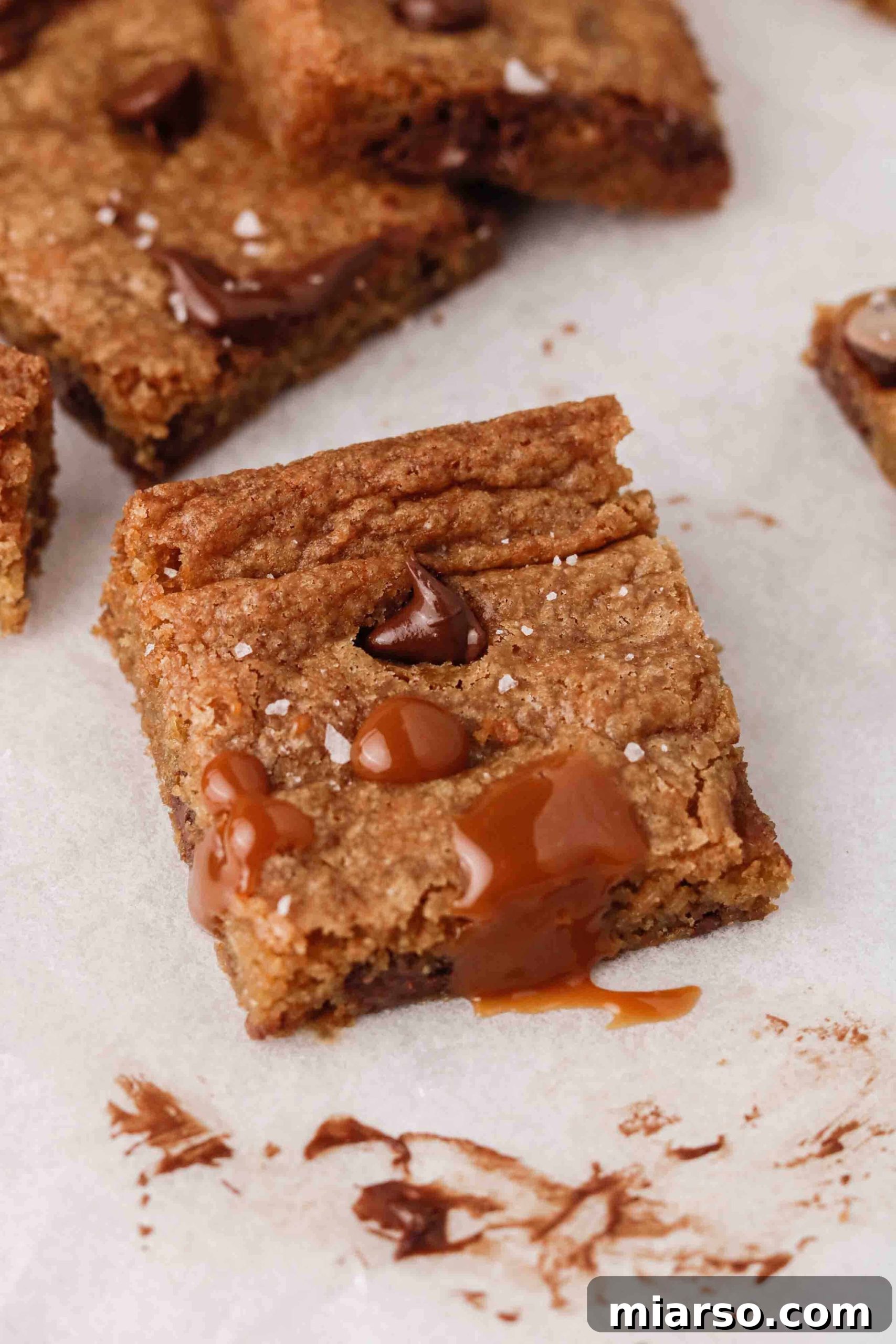 Sweet Tomatoes' Homestyle Chocolate Chip Bars 3 Close-up of a chocolate chip cookie bar topped with delicate sea salt flakes, enhancing its rich flavor profile