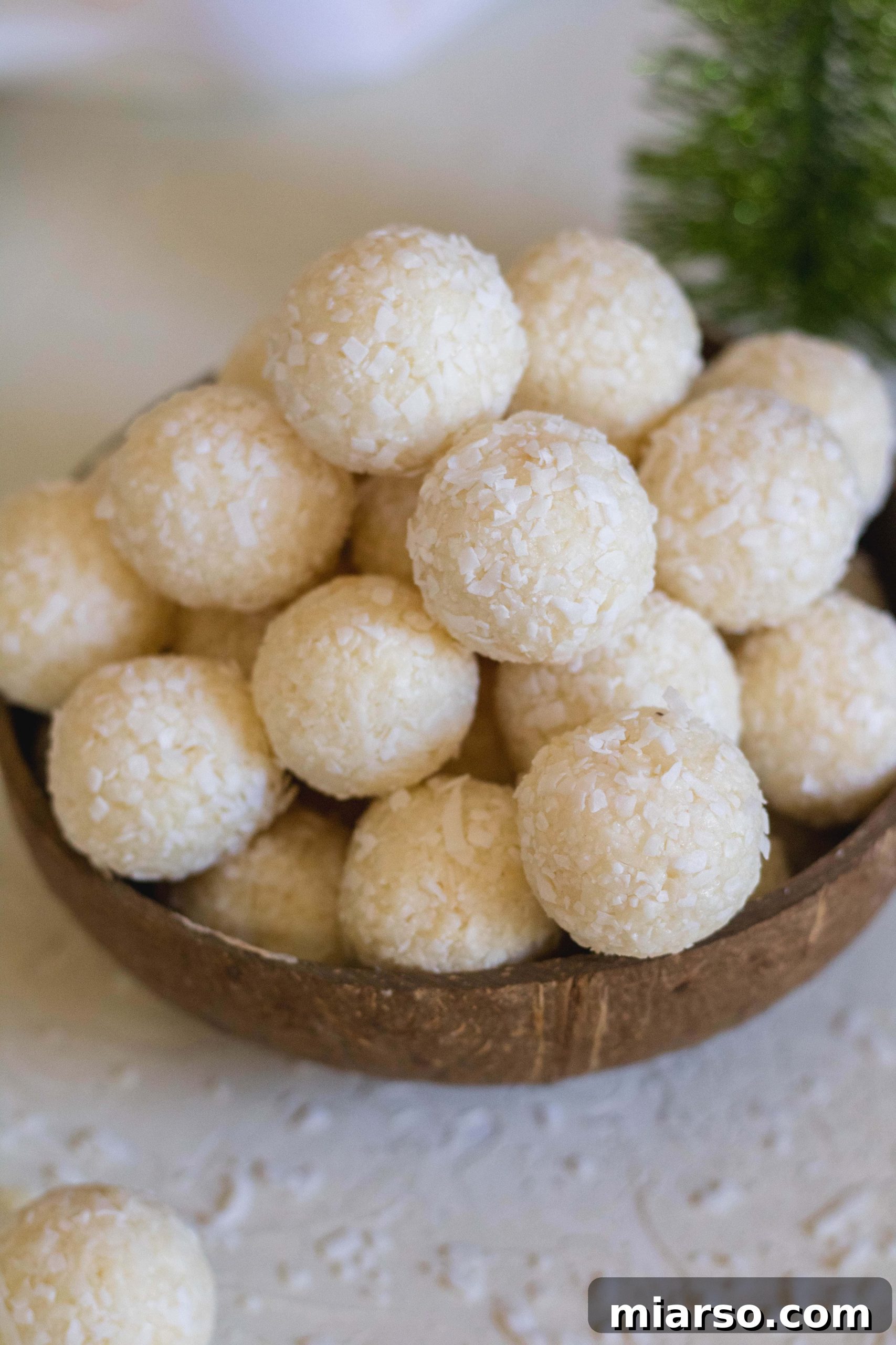 Finished product of no bake coconut balls ready to serve