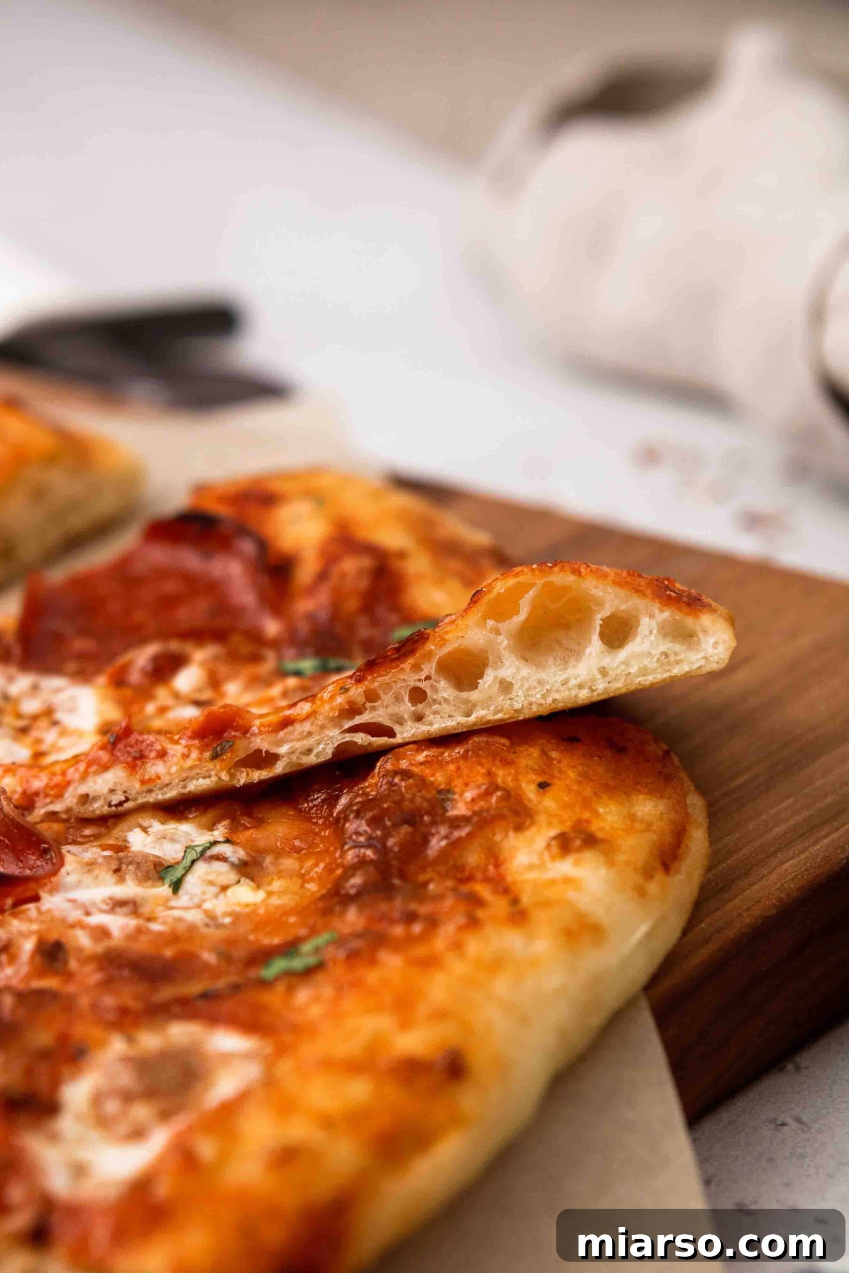 The best no knead pizza dough recipe, featuring a bubbly, perfectly risen dough ball ready for baking.