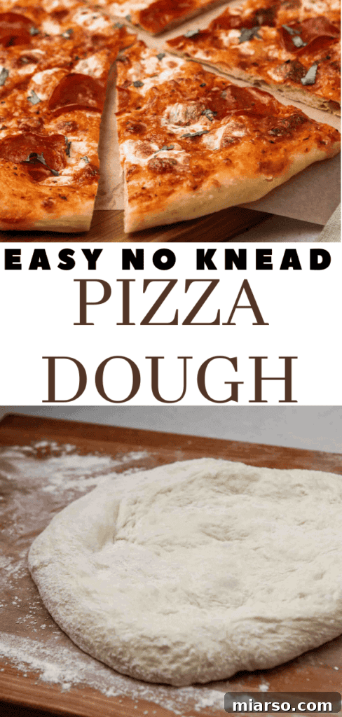 No knead pizza dough recipe in a bowl, perfect for pinning.