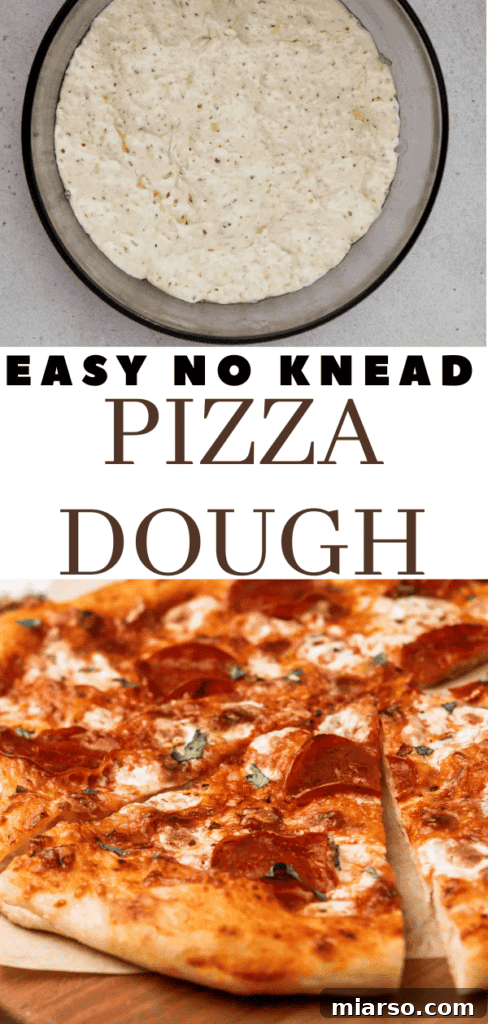 No knead pizza dough recipe with ingredients, ready to save.