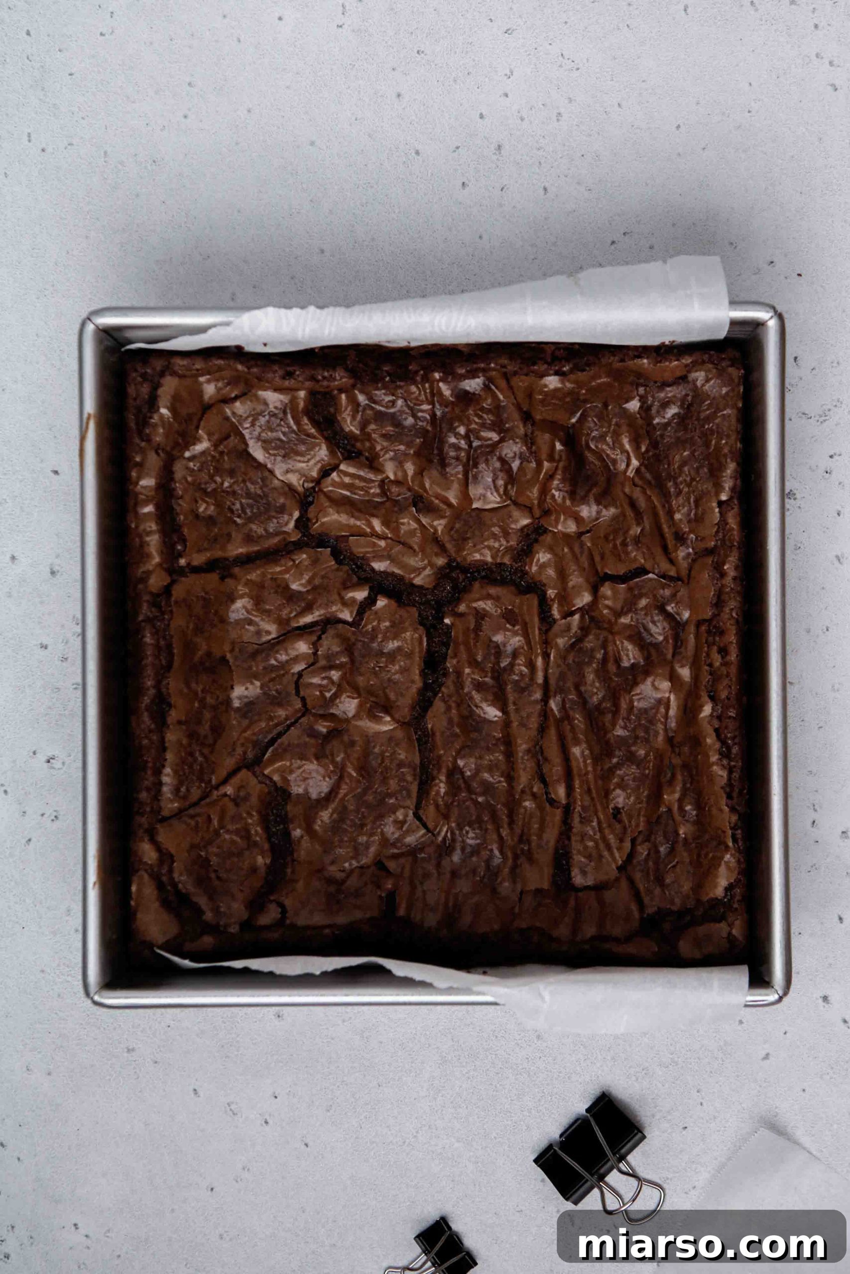 Baked brownie mix brownies, glistening and rich