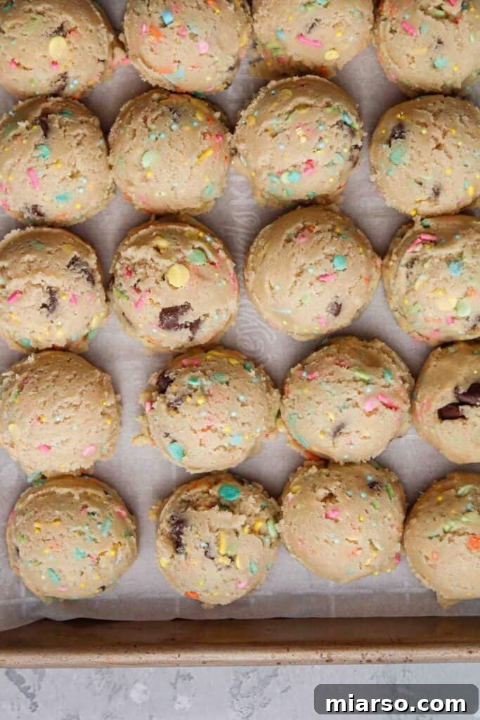 Scooping uniformed portions of sprinkles cookie dough onto a baking sheet