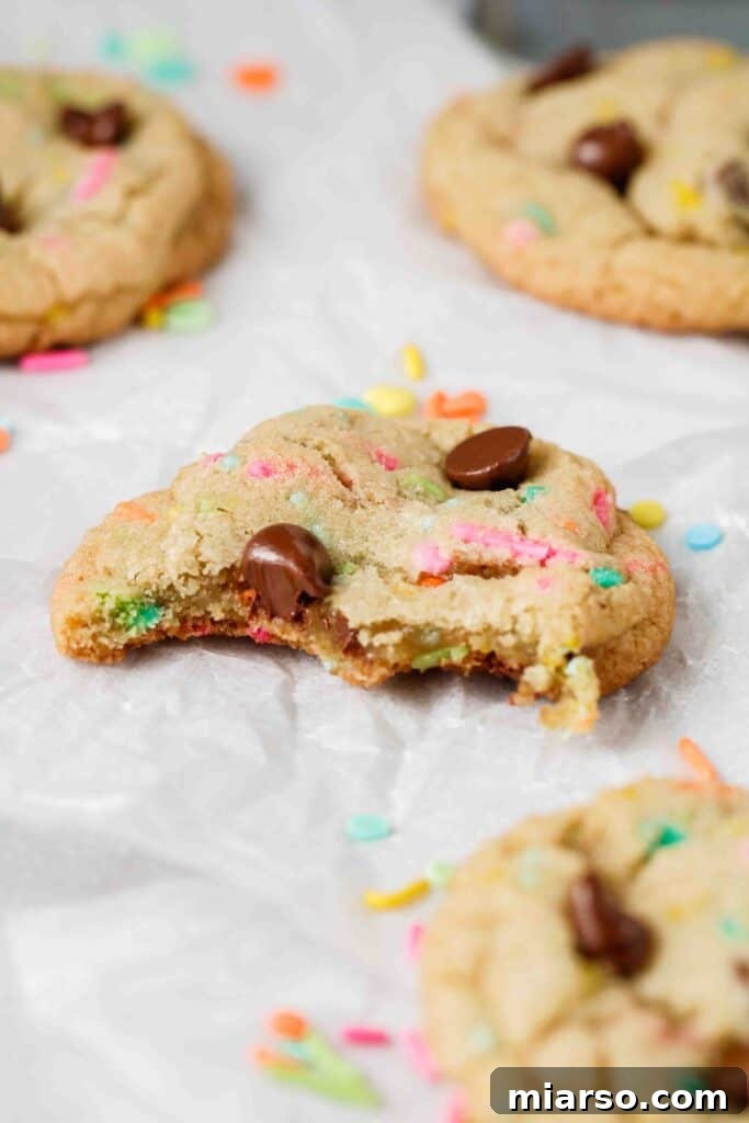 A spring chocolate chip cookie with a bite taken out of it, revealing its soft interior and melted chocolate