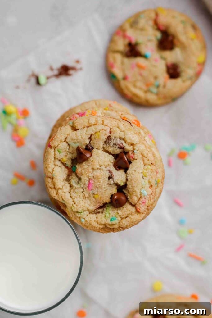 Overhead shot of spring chocolate chip cookies displayed on a surface