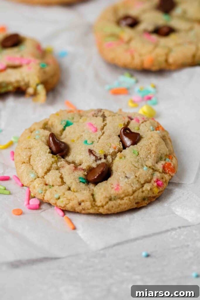 Close-up of freshly baked chocolate chip cookies adorned with colorful Easter sprinkles