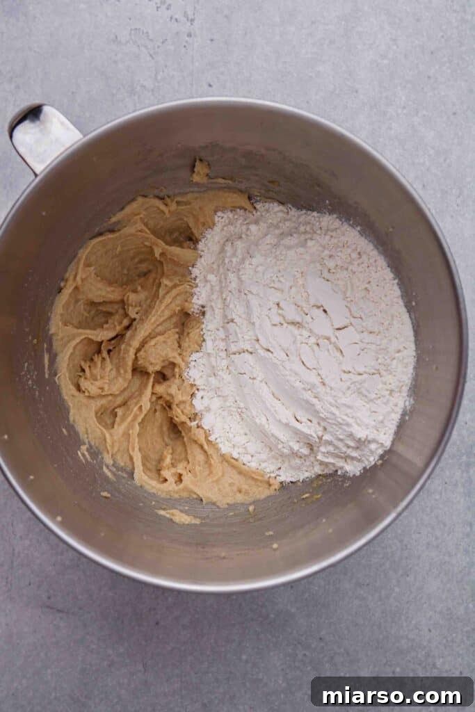 Add the dry ingredients (flour, baking soda, salt) to the wet mixture