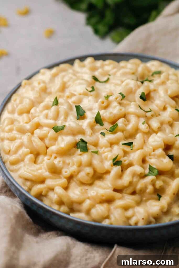 Stovetop mac and cheese on a blue plate