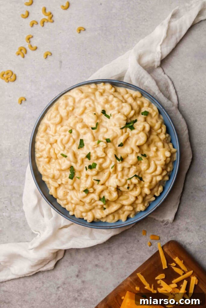 Overhead shot of stovetop mac and cheese plate