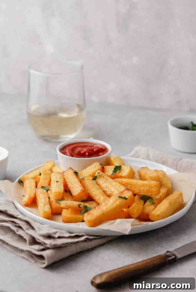 Crispy Air Fryer Polenta Fries served with ketchup on a white plate, ready to eat