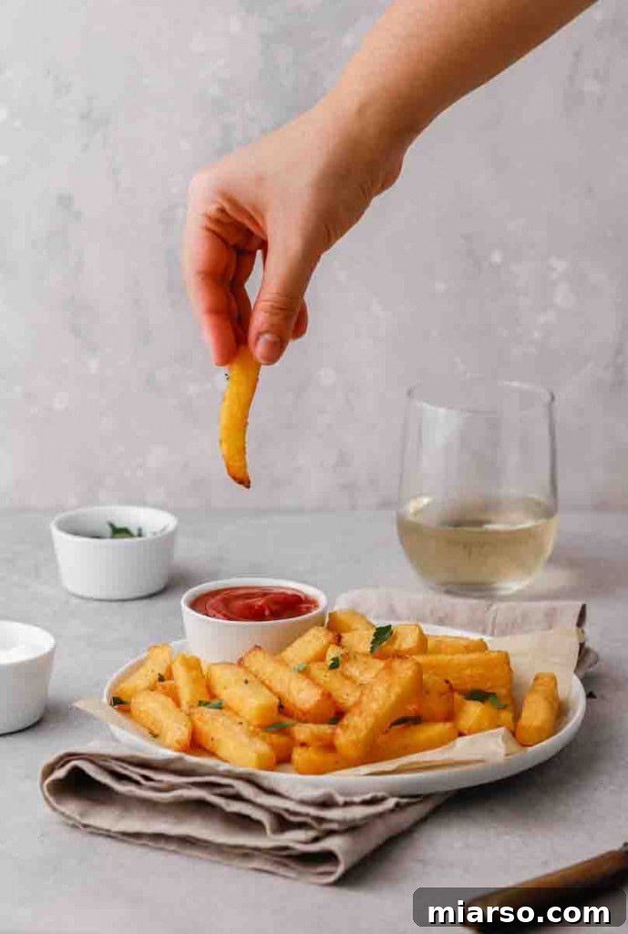 A hand dipping a crispy air-fried polenta fry into a bowl of vibrant red ketchup