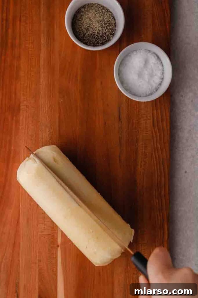A step-by-step image showing how to slice a polenta log into even fry-like strips